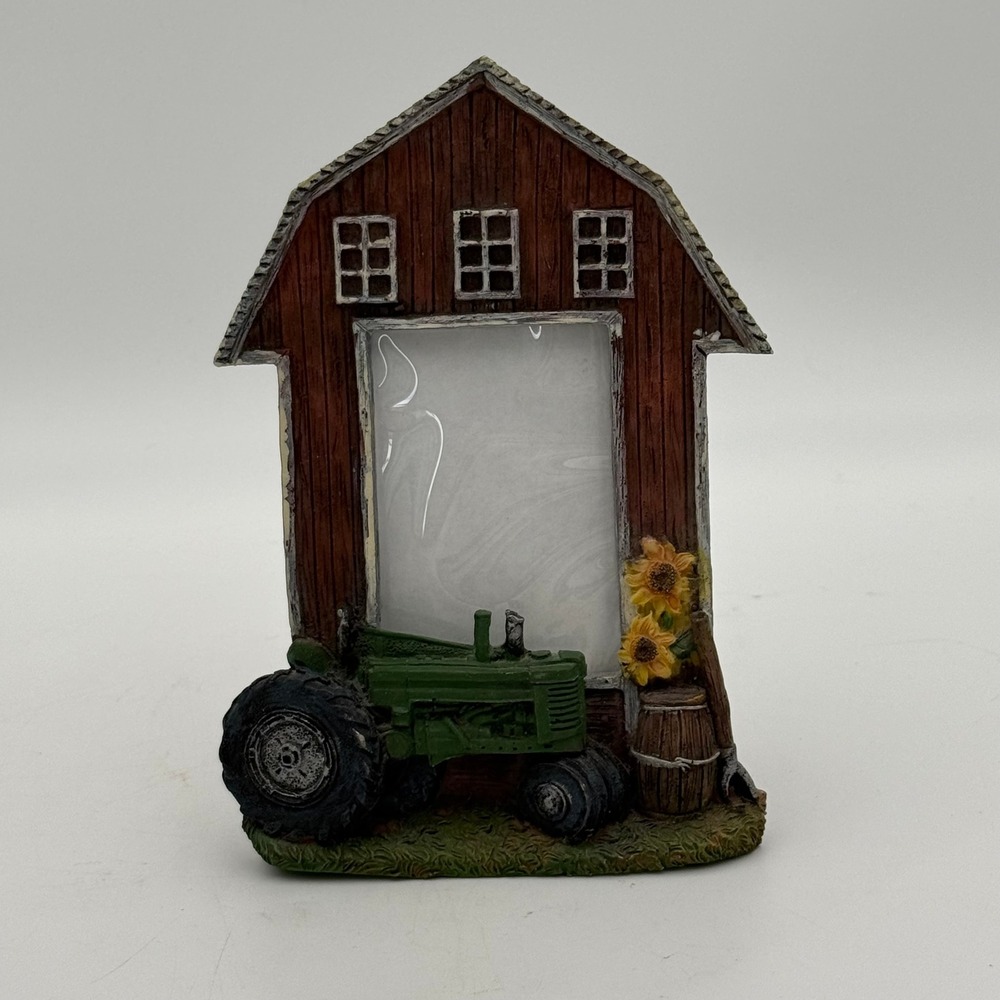 Rustic Farmhouse Barn Picture Frame Green Tractor Sunflowers Resin 2.5x3.5 Photo